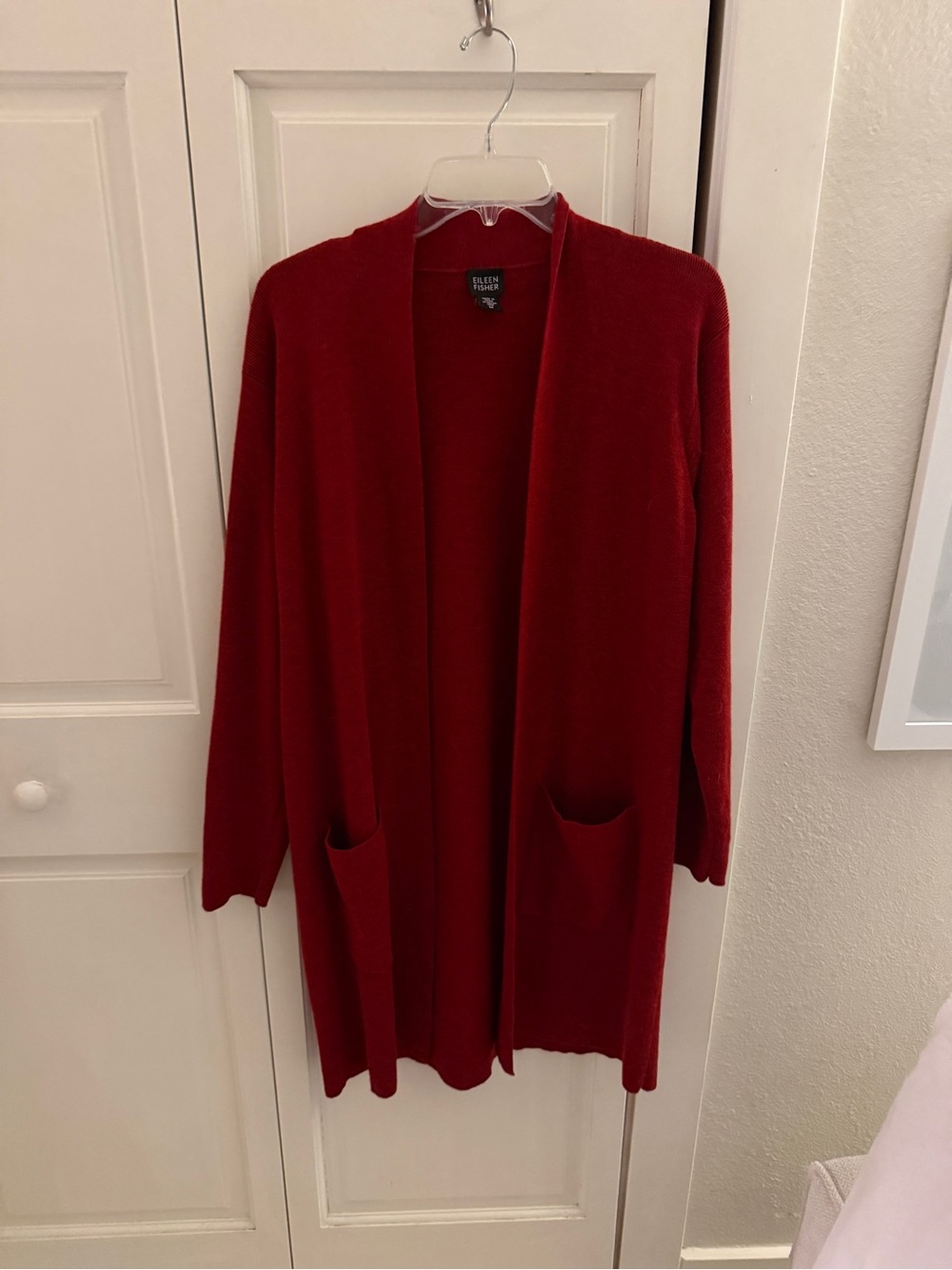 Eileen Fisher Crimson Open-Front Long Pocket Cardigan